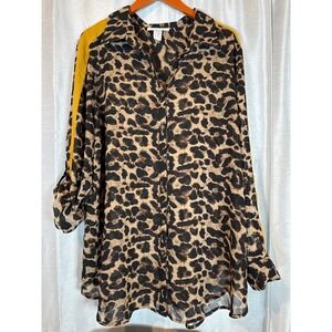 Curvy Girl Ashley Stewart Leopard Print‎ Button Down Shirt Tunic Gold Stripe 3X